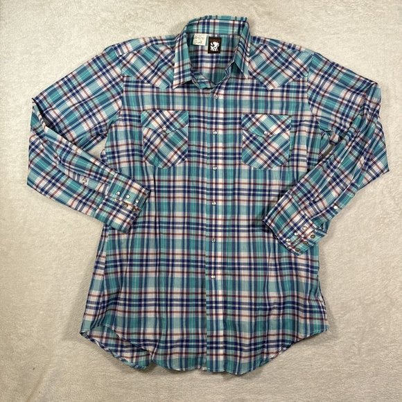 VINTAGE Karman Pearl Snap Shirt Mens 17 XL Western Madras Plaid Casual Long Tail - Picture 2 of 7